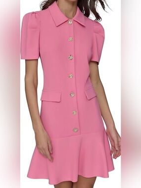 NWT - Karl Lagerfeld Women’s Pink Short-Sleeve Ruffle-Hem Dress, Sz 16.